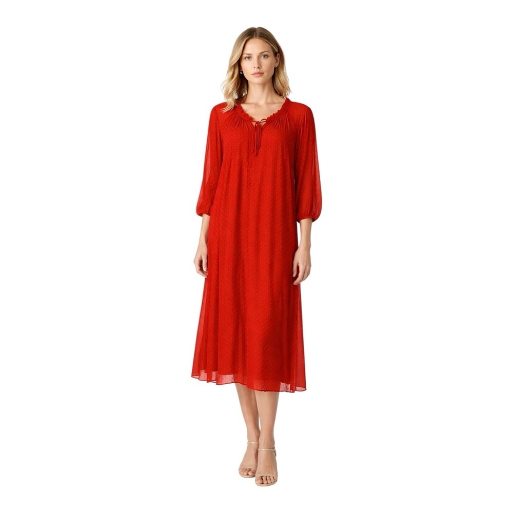Nanette Lepore Orange/ Coral Clip Dot Midi Dress Tie Neck Long Sleeve Size 14